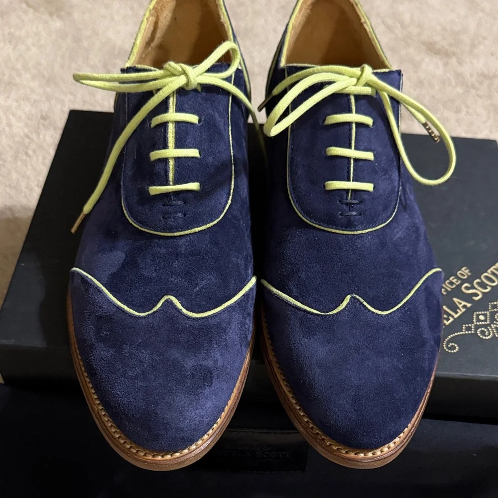 Angela Scott Navy Suede Lace-Up Loafers with Lime Trim - Picture 4 of 7